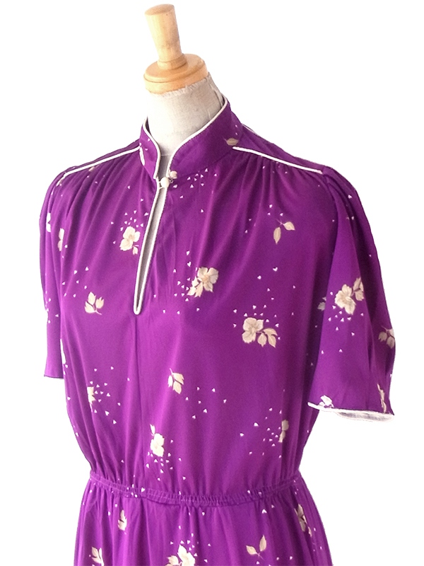 ロンドン買い付け 70年代製 パープル X ベージュ 花柄 ヴィンテージ ワンピース 24OM039