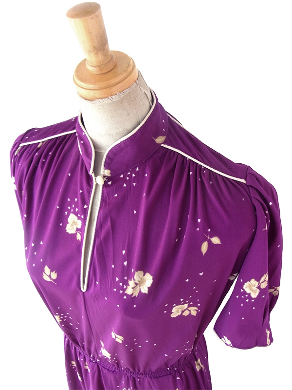ロンドン買い付け 70年代製 パープル X ベージュ 花柄 ヴィンテージ ワンピース 24OM039