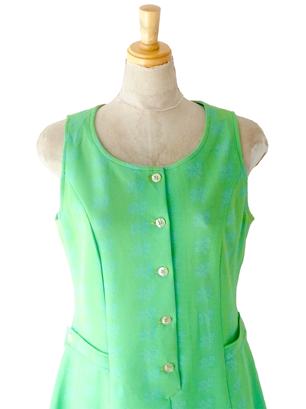 ヨーロッパ古着 ロンドン買い付け 70年代製 グリーン X ブルー 花柄プリント ヴィンテージ ワンピース 24OM103