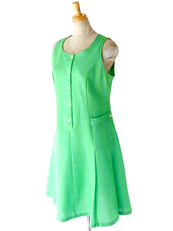 ヨーロッパ古着 ロンドン買い付け 70年代製 グリーン X ブルー 花柄プリント ヴィンテージ ワンピース 24OM103