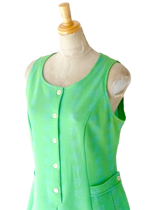 ヨーロッパ古着 ロンドン買い付け 70年代製 グリーン X ブルー 花柄プリント ヴィンテージ ワンピース 24OM103