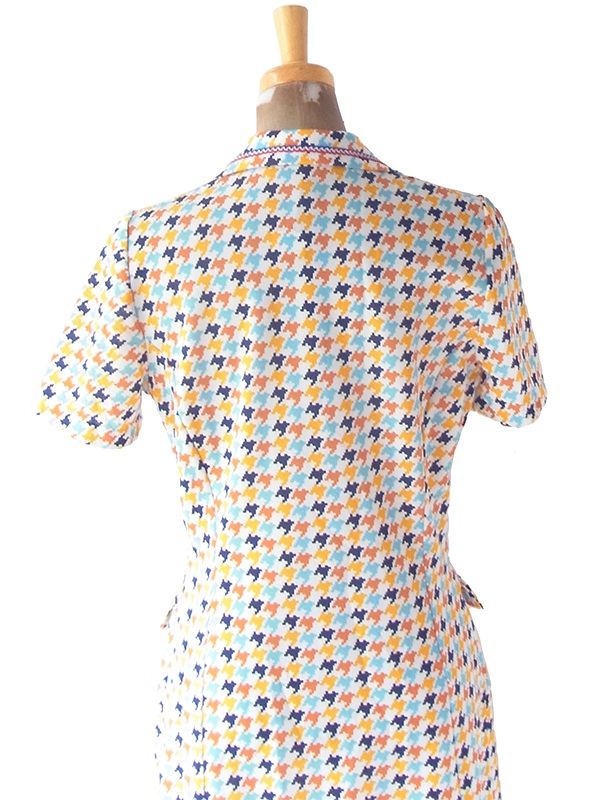 ヨーロッパ古着 ロンドン買い付け 70年代製 ホワイト X カラフル 千鳥格子 ヴィンテージ ワンピース 24OM105