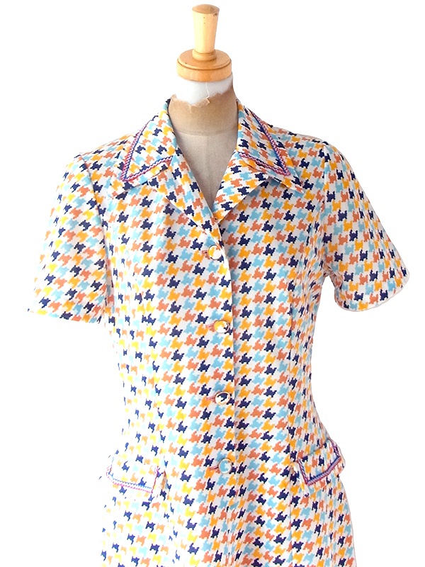 ヨーロッパ古着 ロンドン買い付け 70年代製 ホワイト X カラフル 千鳥格子 ヴィンテージ ワンピース 24OM105