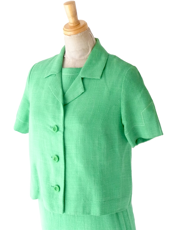 ヨーロッパ古着 60年代製 ブライトグリーン ジャケット X ワンピース ヴィンテージ セットアップ 24WB010