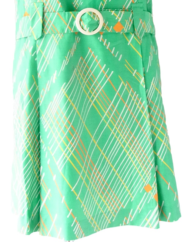 ヨーロッパ古着 70年代製 ライムグリーンX イエロー・オレンジ レトロ柄 共布ベルト付き ヴィンテージ ワンピース 24WB012