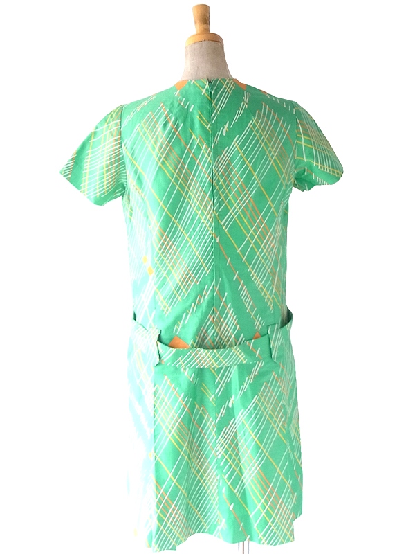 ヨーロッパ古着 70年代製 ライムグリーンX イエロー・オレンジ レトロ柄 共布ベルト付き ヴィンテージ ワンピース 24WB012