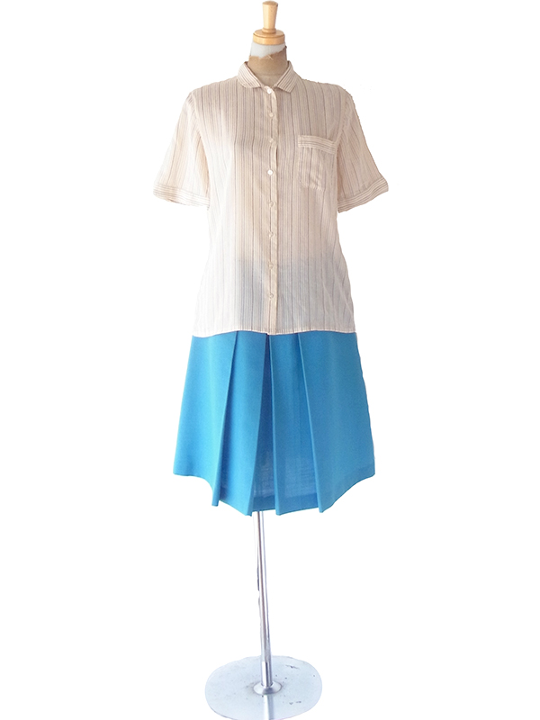 ヨーロッパ古着 60年代イギリス製 JAEGER ベージュ X レッド・グリーン ピンストライプ ヴィンテージ シャツ 24WB013