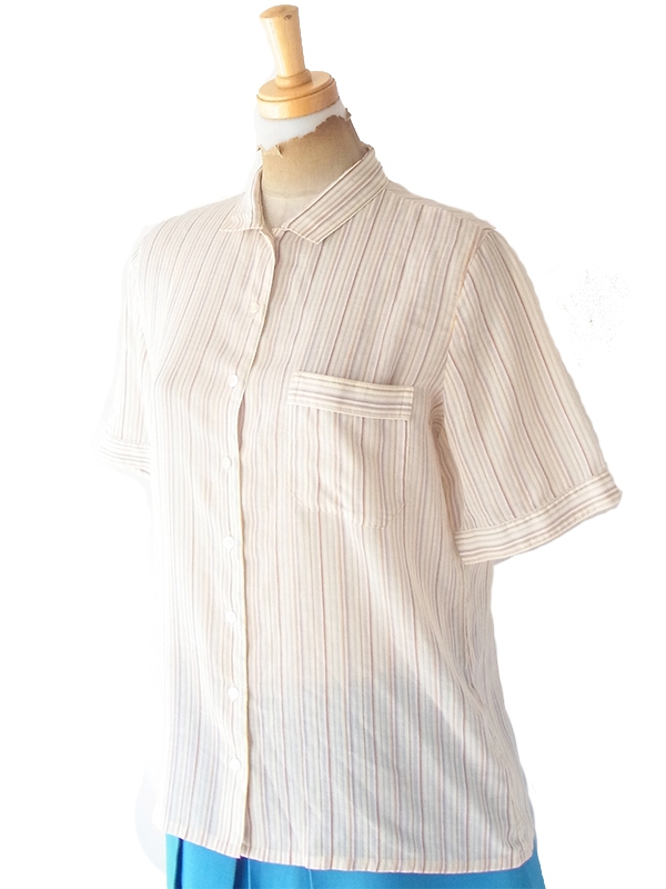 60年代イギリス製 JAEGER ライトイエロー X オレンジ・グリーン ピンストライプ ヴィンテージ シャツ 24WB013