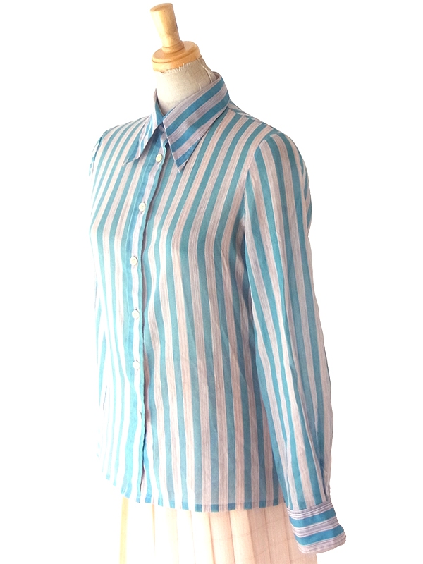 ヨーロッパ古着 60年代製 ブルー X オレンジ ピンストライプ ヴィンテージ ブラウス 24WB030