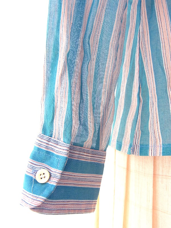 ヨーロッパ古着 60年代製 ブルー X オレンジ ピンストライプ ヴィンテージ ブラウス 24WB030