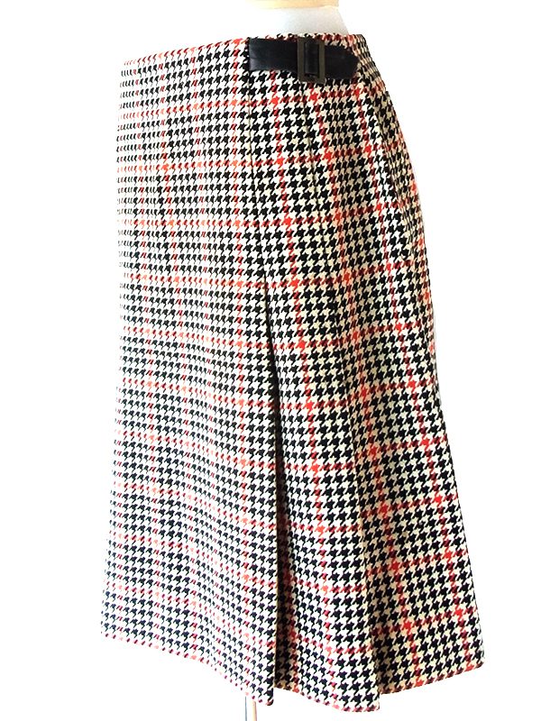 60年代製 ベージュ X ブラック・レッド 千鳥格子 コインポケット付き ウール プリーツ スカート 24WB072
