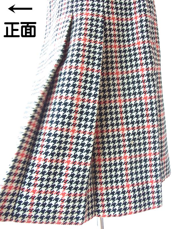 60年代製 ベージュ X ブラック・レッド 千鳥格子 コインポケット付き ウール プリーツ スカート 24WB072