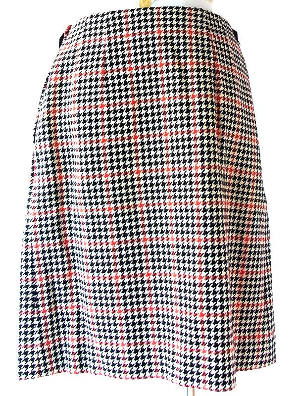 60年代製 ベージュ X ブラック・レッド 千鳥格子 コインポケット付き ウール プリーツ スカート 24WB072