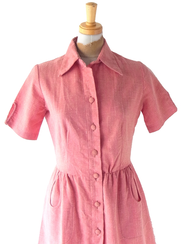 ヨーロッパ古着  60年代フランス製 マゼンダピンク X デザインポケット付き ヴィンテージ ワンピース 25FC005