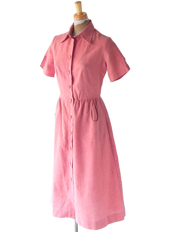 ヨーロッパ古着  60年代フランス製 マゼンダピンク X デザインポケット付き ヴィンテージ ワンピース 25FC005