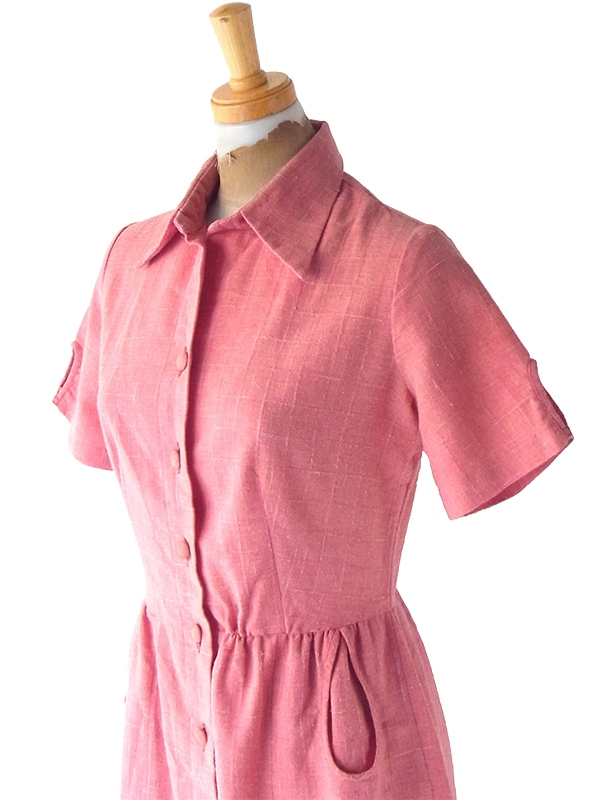 ヨーロッパ古着  60年代フランス製 マゼンダピンク X デザインポケット付き ヴィンテージ ワンピース 25FC005