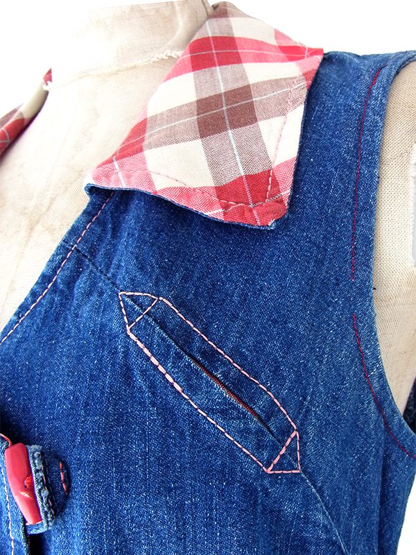 【送料無料】フランス買い付け 60年代製 鮮やかなインディゴ X チェック柄生地切り返し デニムワンピース 25FC101【ヨーロッパ古着】