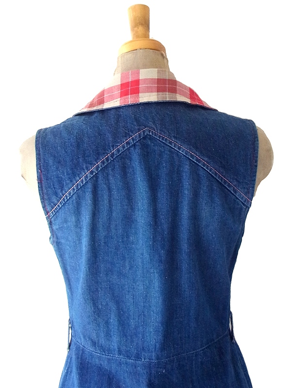 【送料無料】フランス買い付け 60年代製 鮮やかなインディゴ X チェック柄生地切り返し デニムワンピース 25FC101【ヨーロッパ古着】
