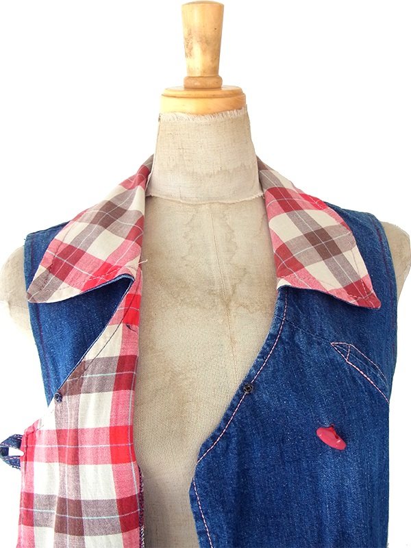 【送料無料】フランス買い付け 60年代製 鮮やかなインディゴ X チェック柄生地切り返し デニムワンピース 25FC101【ヨーロッパ古着】