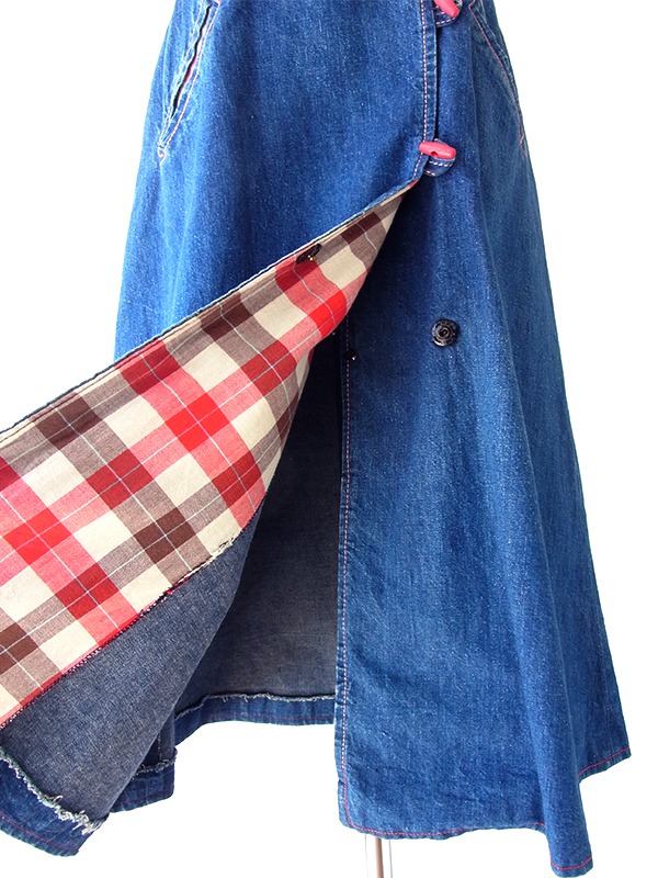 【送料無料】フランス買い付け 60年代製 鮮やかなインディゴ X チェック柄生地切り返し デニムワンピース 25FC101【ヨーロッパ古着】