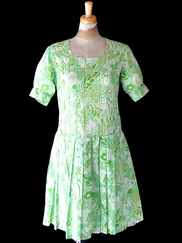 ヨーロッパ古着 フランス買い付け 60年代製 グリーン X レトロ花柄 プリーツ ヴィンテージ ワンピース 25FC102