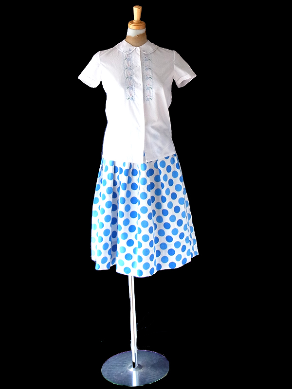 ヨーロッパ古着 フランス買い付け 60年代製 ブルー X 水色 ・ホワイト ヴィンテージ スカート 25FC105