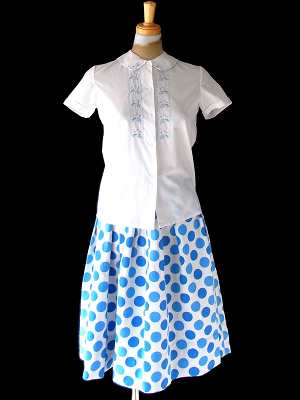 ヨーロッパ古着 フランス買い付け 60年代製 ブルー X 水色 ・ホワイト ヴィンテージ スカート 25FC105