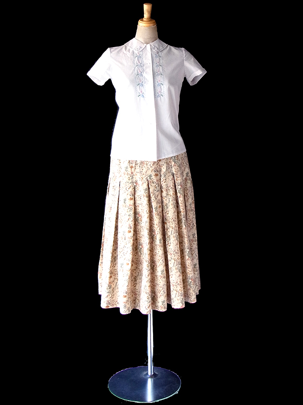 【おとなかわいい】フランス買付け60年代制 ベージュ X 花柄プリント ボックスプリーツ ヴィンテージ スカート 25FC107【レトロ古着】