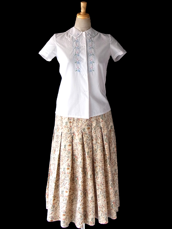 【おとなかわいい】フランス買付け60年代制 ベージュ X 花柄プリント ボックスプリーツ ヴィンテージ スカート 25FC107【レトロ古着】