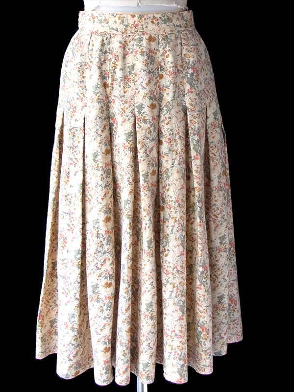 【おとなかわいい】フランス買付け60年代制 ベージュ X 花柄プリント ボックスプリーツ ヴィンテージ スカート 25FC107【レトロ古着】