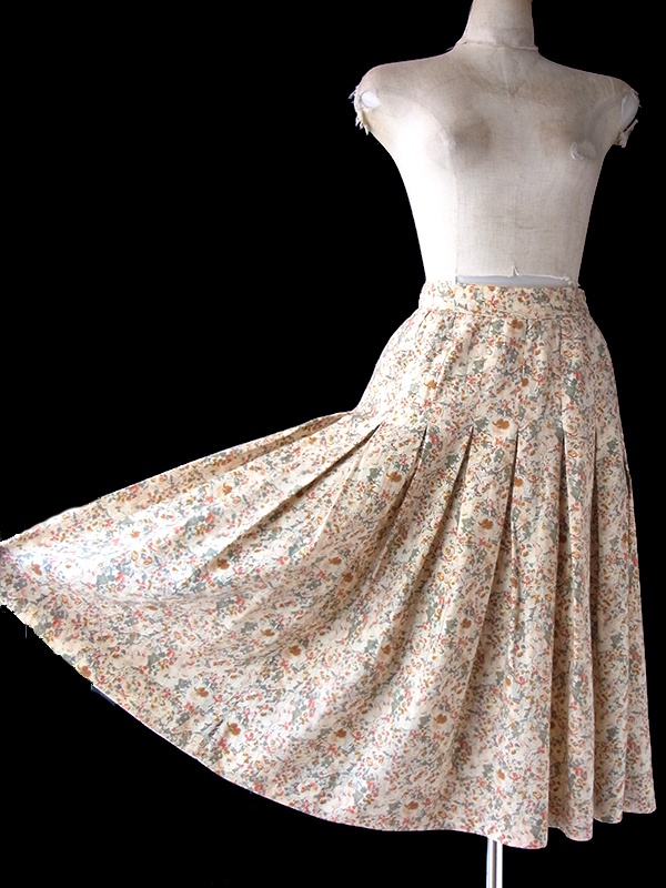 【おとなかわいい】フランス買付け60年代制 ベージュ X 花柄プリント ボックスプリーツ ヴィンテージ スカート 25FC107【レトロ古着】