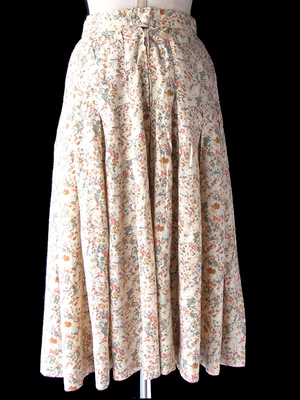 【おとなかわいい】フランス買付け60年代制 ベージュ X 花柄プリント ボックスプリーツ ヴィンテージ スカート 25FC107【レトロ古着】