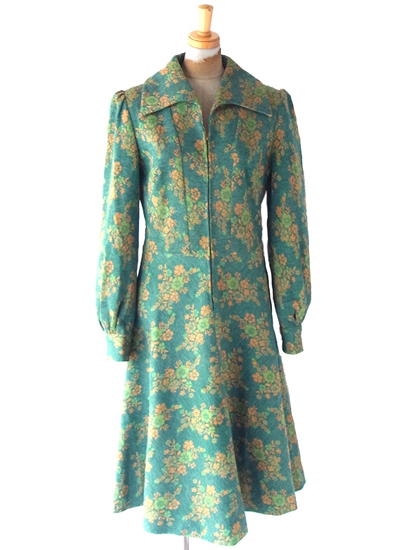 ヨーロッパ古着 フランス買い付け 60年代製 グリーン X イエロー 花柄 フロントジップ ヴィンテージ ワンピース 25FC123