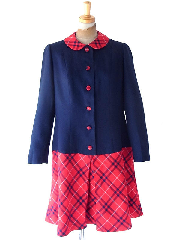 ヨーロッパ古着 フランス買付け 60年代製 ネイビー X レッド タータンチェック 切り返し ヴィテンージ ワンピース 25FC124