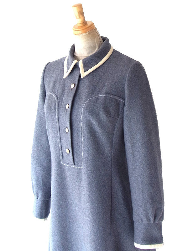 ヨーロッパ古着 フランス買い付け 60年代製 グレイ X ホワイトライニング Aライン ヴィンテージ ワンピース 25FC200