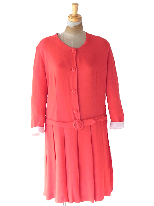 ヨーロッパ古着 フランス買い付け 70年代製 レッド X ホワイト 共布ベルト付き ヴィンテージ プリーツ ワンピース 25FC201