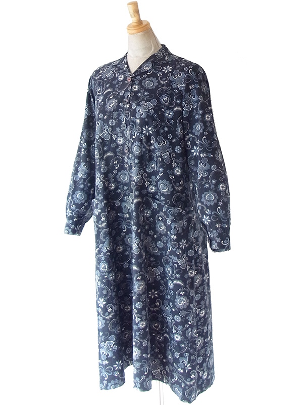 ヨーロッパ古着 フランス買い付け 60年代製 ネイビー X アイスグレイ ペイズリー柄 ポケット付き ヴィンテージ ワンピース 25FC202
