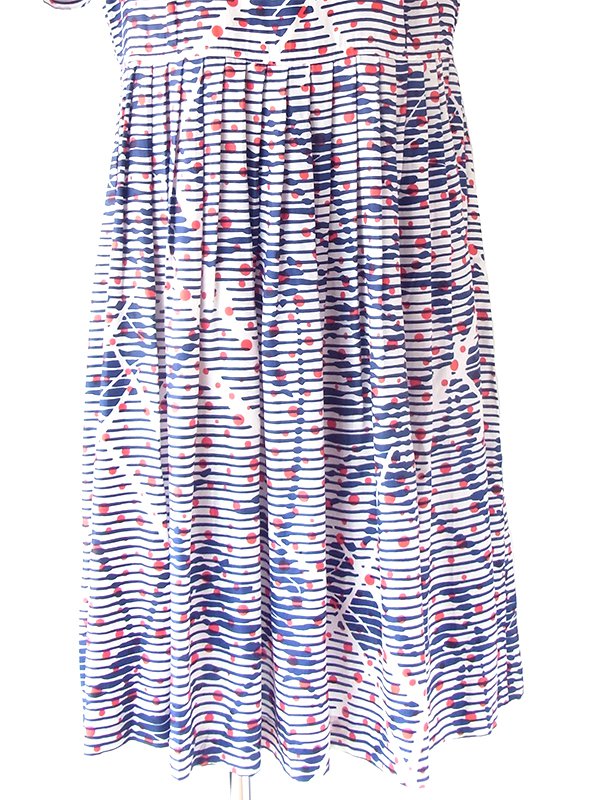 ヨーロッパ古着 フランス買い付け 70年代製  ホワイト　X ネイビー・レッド ストライプ・水玉 ボウタイ ワンピース 25FC204