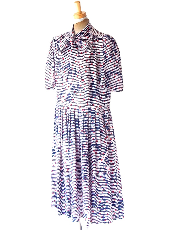 ヨーロッパ古着 フランス買い付け 70年代製  ホワイト　X ネイビー・レッド ストライプ・水玉 ボウタイ ワンピース 25FC204