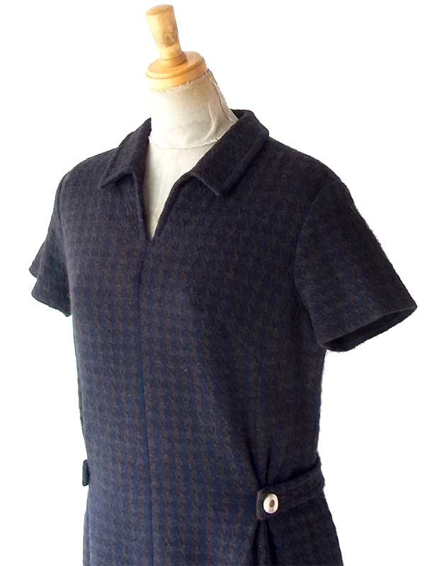 ヨーロッパ古着 フランス買い付け 60年代製 ダークブルー X ブラウン 千鳥格子 ヴィンテージ ウール ワンピース 25FC206