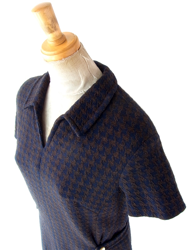 ヨーロッパ古着 フランス買い付け 60年代製 ダークブルー X ブラウン 千鳥格子 ヴィンテージ ウール ワンピース 25FC206