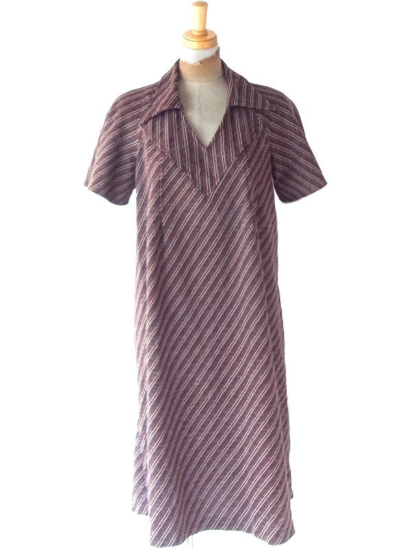 ヨーロッパ古着 フランス買い付け 60年代製 ブラウン X スレート・レッド ピンストライプ ヴィンテージ ワンピース 25FC208