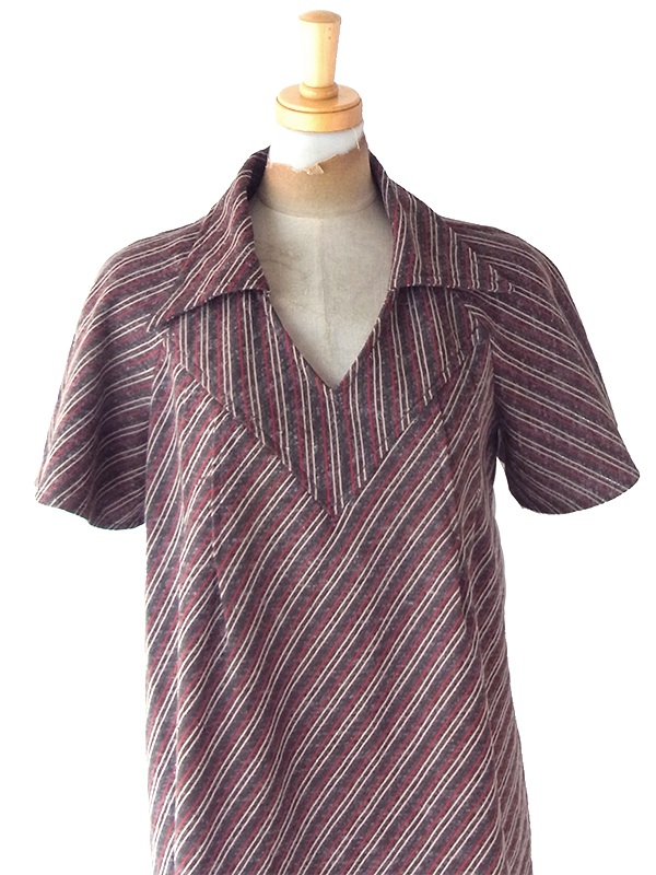 ヨーロッパ古着 フランス買い付け 60年代製 ブラウン X スレート・レッド ピンストライプ ヴィンテージ ワンピース 25FC208