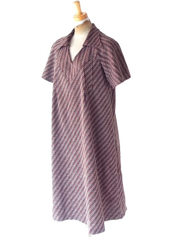 ヨーロッパ古着 フランス買い付け 60年代製 ブラウン X スレート・レッド ピンストライプ ヴィンテージ ワンピース 25FC208