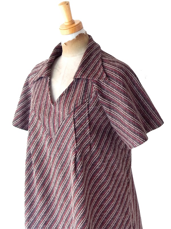 ヨーロッパ古着 フランス買い付け 60年代製 ブラウン X スレート・レッド ピンストライプ ヴィンテージ ワンピース 25FC208