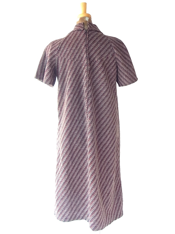 ヨーロッパ古着 フランス買い付け 60年代製 ブラウン X スレート・レッド ピンストライプ ヴィンテージ ワンピース 25FC208
