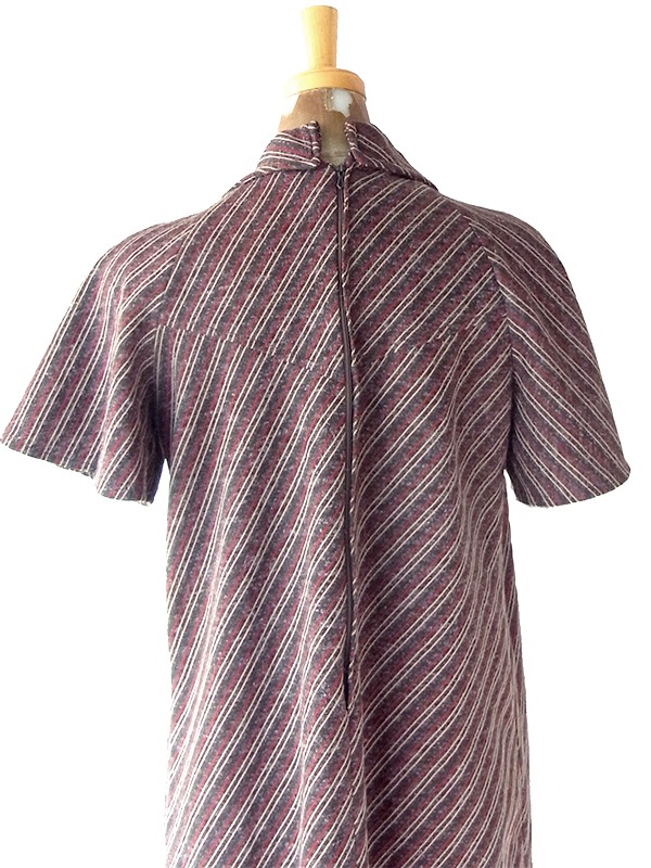 ヨーロッパ古着 フランス買い付け 60年代製 ブラウン X スレート・レッド ピンストライプ ヴィンテージ ワンピース 25FC208