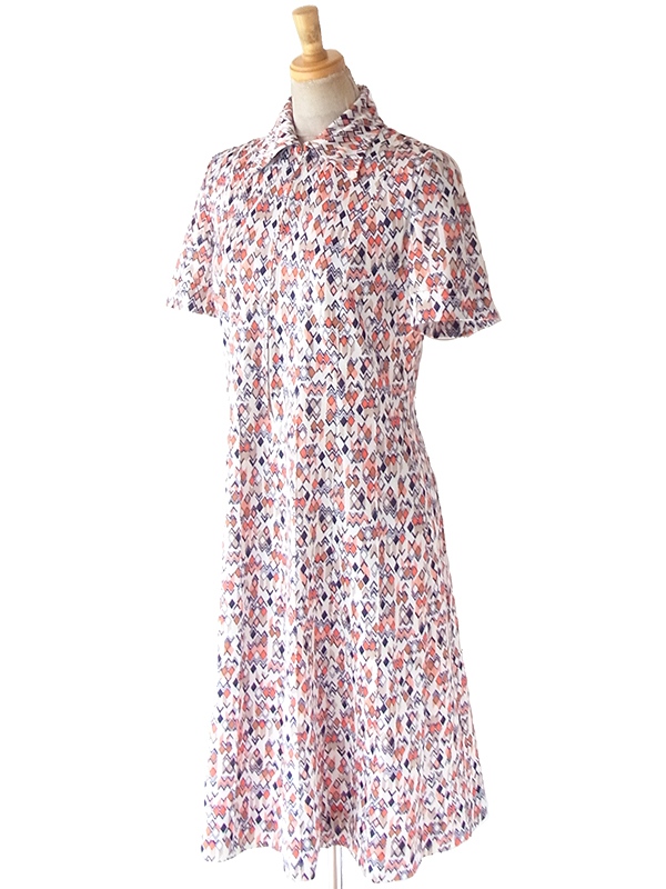 ヨーロッパ古着 70年代フランス製 オフホワイト X オレンジ・ブラック 幾何学柄 フロントジップ ワンピース 25FC209