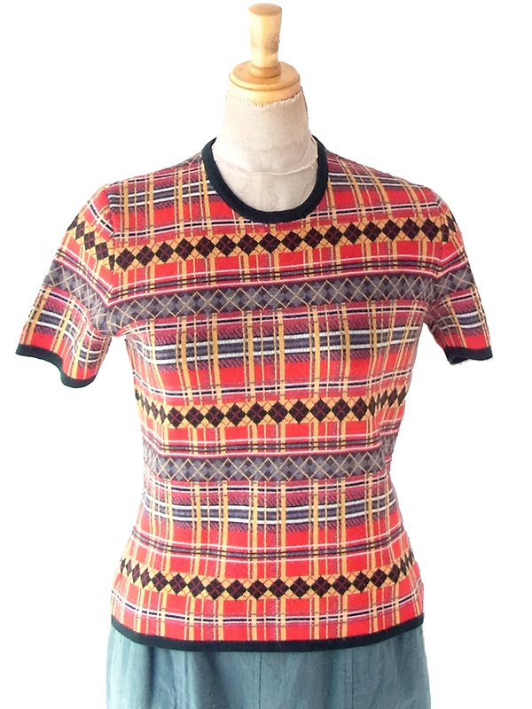 ヨーロッパ古着 ベルギー製 アーガイル×タータンチェック ニットトップス ヴィンテージ ニット トップス 25FC211