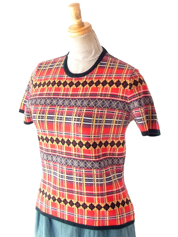 ヨーロッパ古着 ベルギー製 アーガイル×タータンチェック ニットトップス ヴィンテージ ニット トップス 25FC211